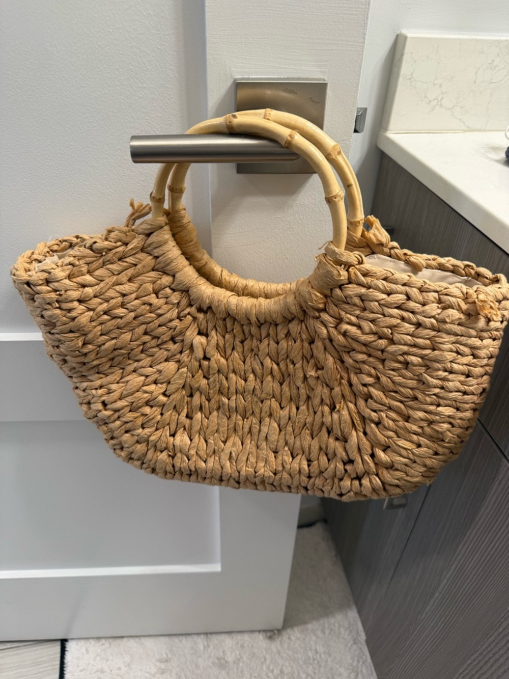 Woven Straw Tote Bag with Bamboo Handles - Natural - Picture 2 of 4